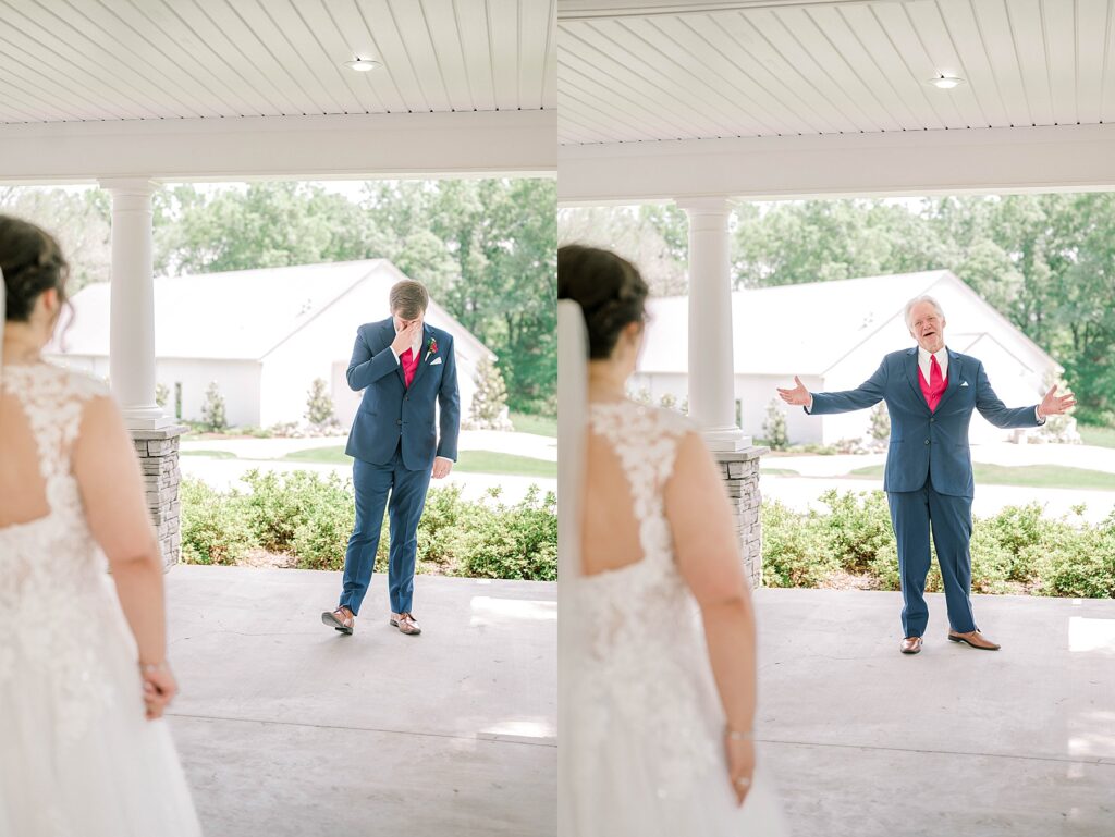Father of the bride and brother of the bride reaction to seeing bride in her wedding dress