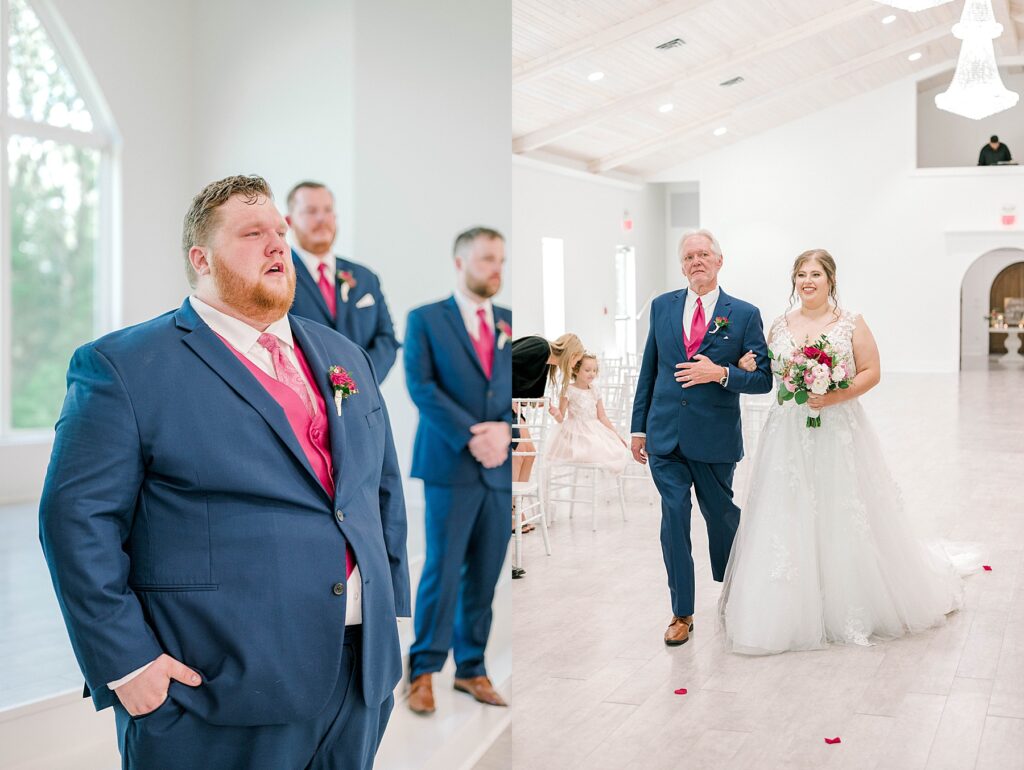 Groom reaction to bride walking down the aisle and bride walking down the aisle with father
